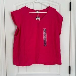 Three Dots Women's Vibrant Pink V-Neck Double Gauze Top Size XXL NWT